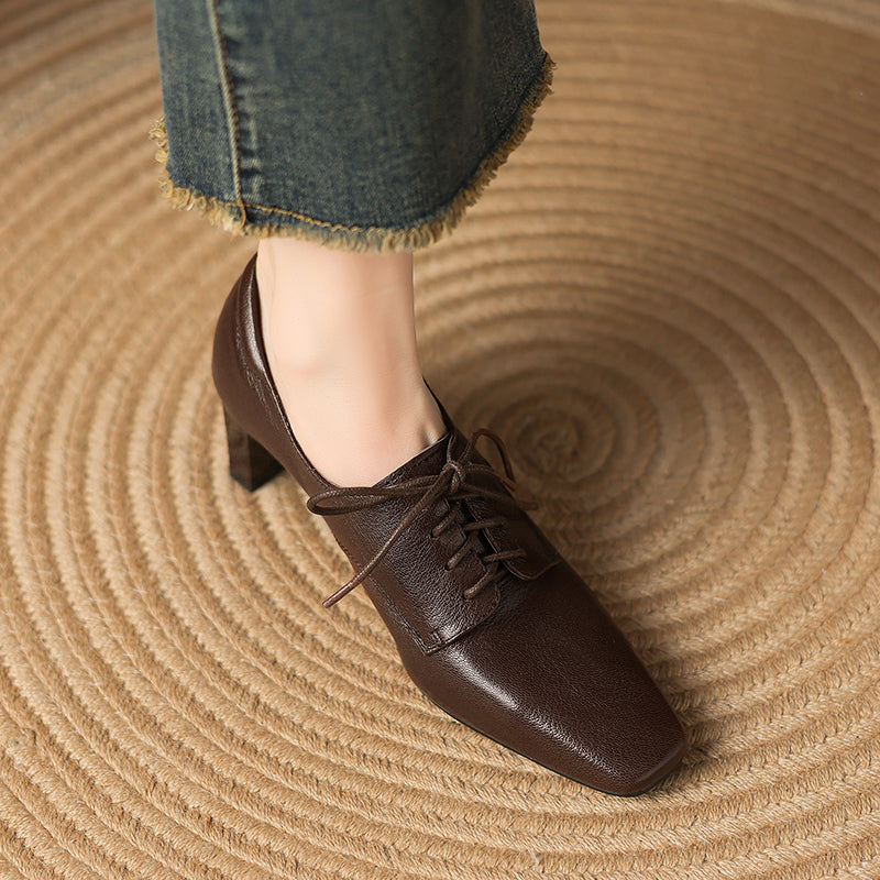 Women's Retro Sheepskin Oxfords Vintage Square Toe Lace-up Block High Heel Pumps