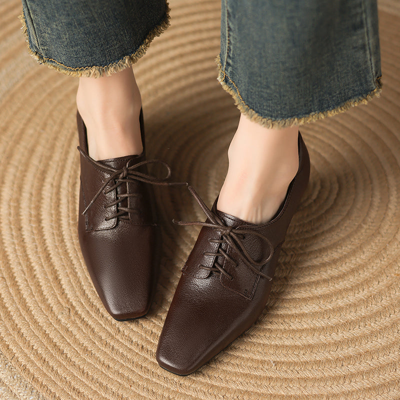 Women's Retro Sheepskin Oxfords Vintage Square Toe Lace-up Block High Heel Pumps
