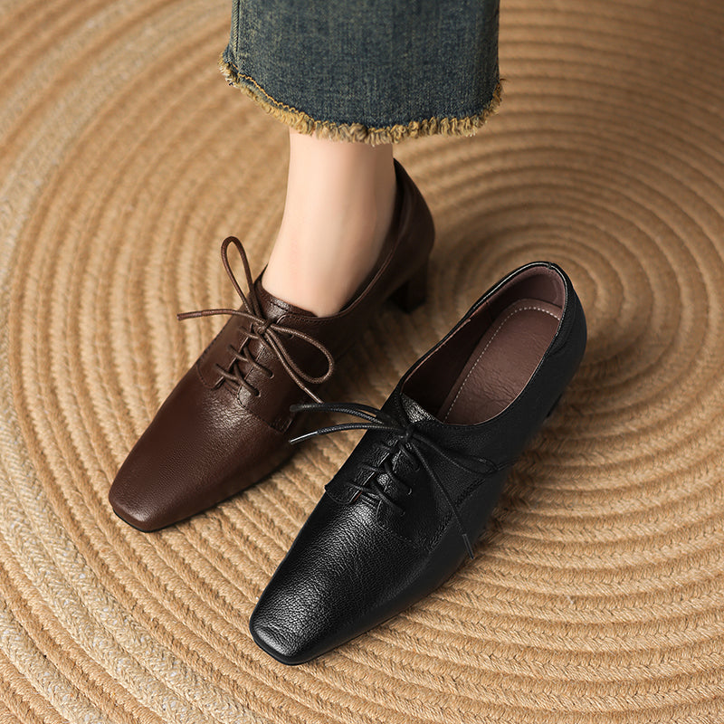 Women's Retro Sheepskin Oxfords Vintage Square Toe Lace-up Block High Heel Pumps
