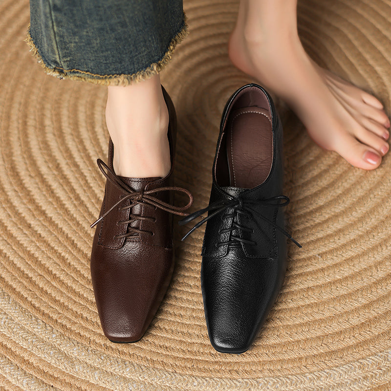 Women's Retro Sheepskin Oxfords Vintage Square Toe Lace-up Block High Heel Pumps