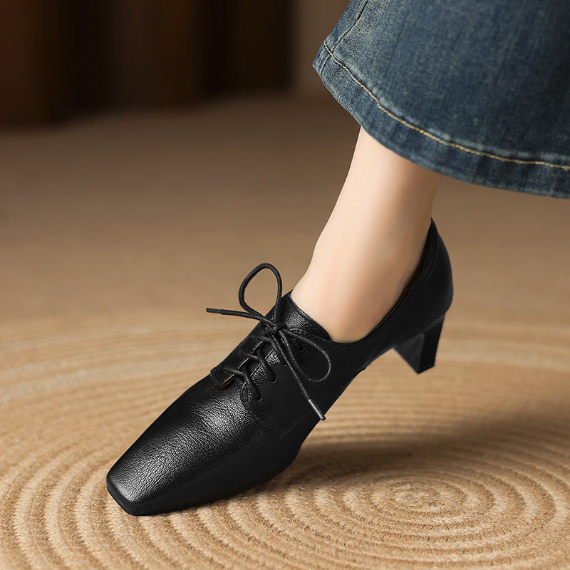 Women's Retro Sheepskin Oxfords Vintage Square Toe Lace-up Block High Heel Pumps