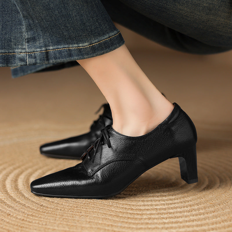 Women's Retro Sheepskin Oxfords Vintage Square Toe Lace-up Block High Heel Pumps
