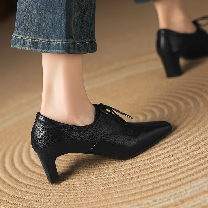 Women's Retro Sheepskin Oxfords Vintage Square Toe Lace-up Block High Heel Pumps