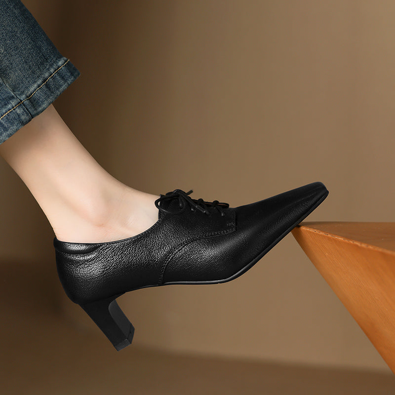 Women's Retro Sheepskin Oxfords Vintage Square Toe Lace-up Block High Heel Pumps