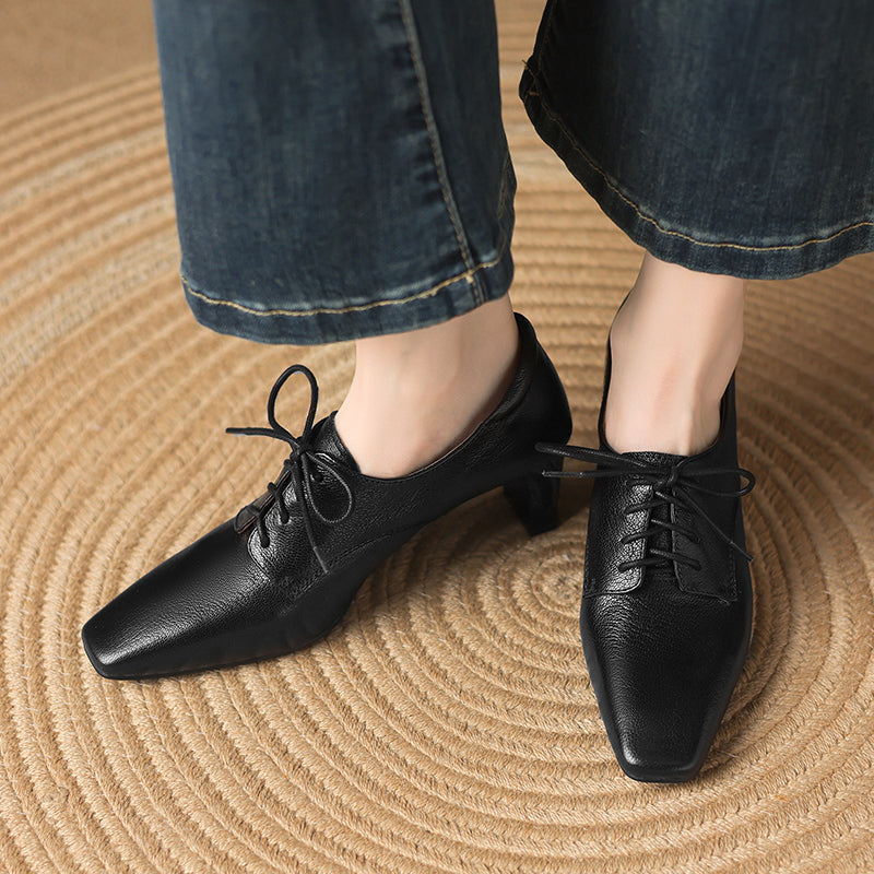 Women's Retro Sheepskin Oxfords Vintage Square Toe Lace-up Block High Heel Pumps
