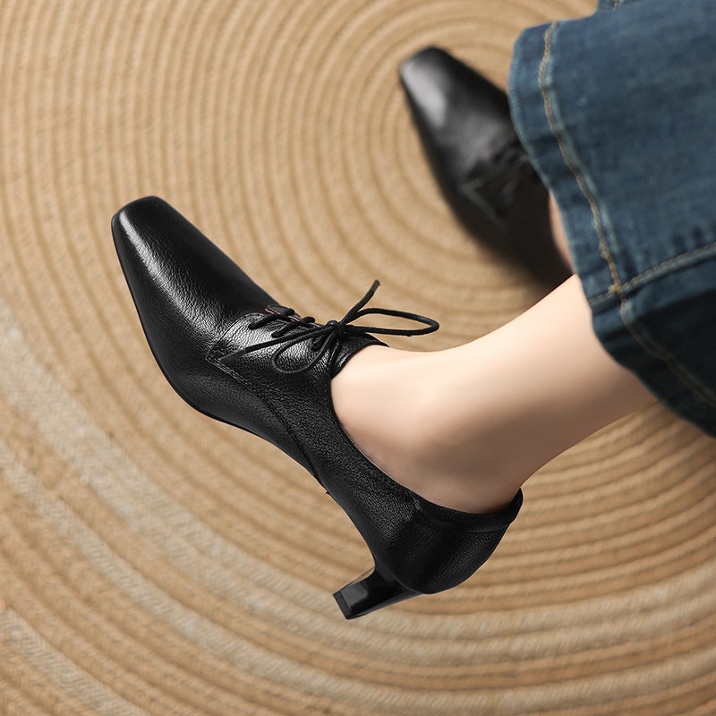 Women's Retro Sheepskin Oxfords Vintage Square Toe Lace-up Block High Heel Pumps