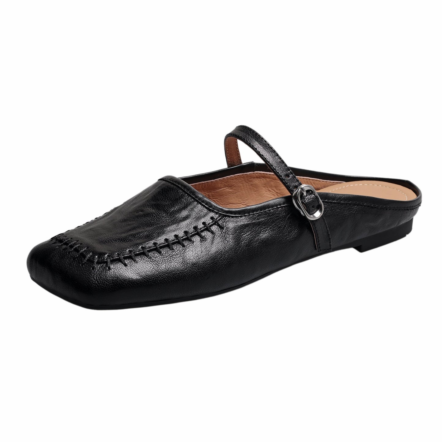 Women's Handmade Stylish Slip-on Square Toe Buckle Flat Mule Shoes