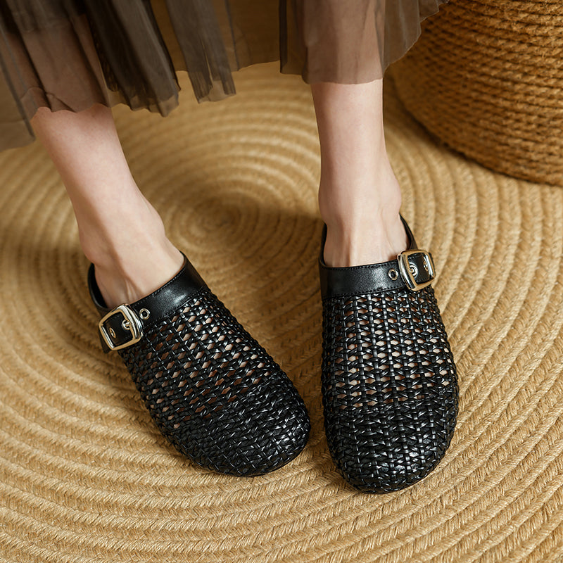 Women's Hollow Out Leather Low Heel Buckle Summer Mule Sandals