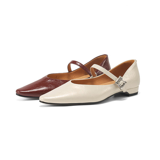 Sheepskin Pointed Toe Buckle Low Heel Mary Jane Dress Shoes Women's Shoes
