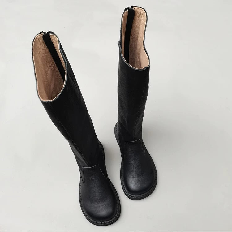 Women's Wide Toe Box Genuine Leather Knee High Boots British Style Riding Boots