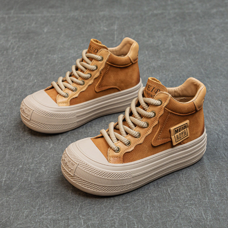 Women’s Leather Patchwork Lace-Up High-Top Shoes – Platform Casual Sneakers