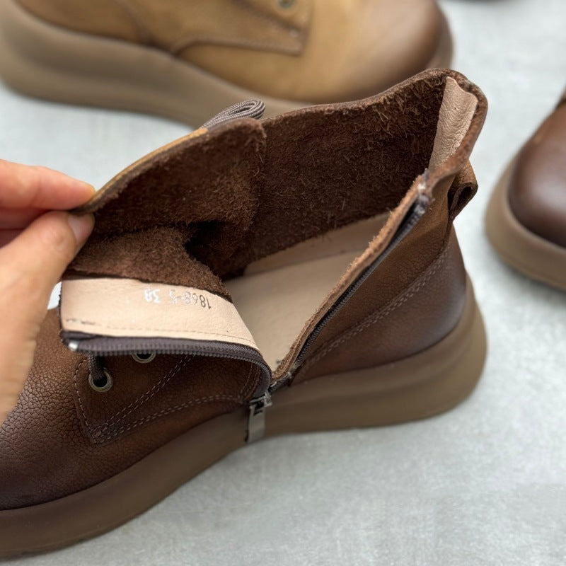 Women's Genuine Leather Vintage Casual Side Zipper Platform Ankle Boots