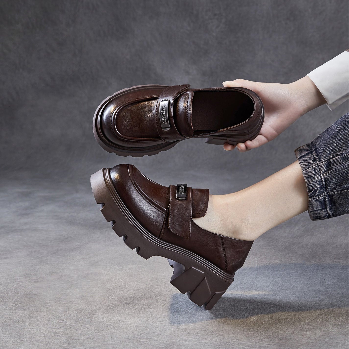Women’s Leather Platform Block Heel Loafers – Vintage Metal Detail