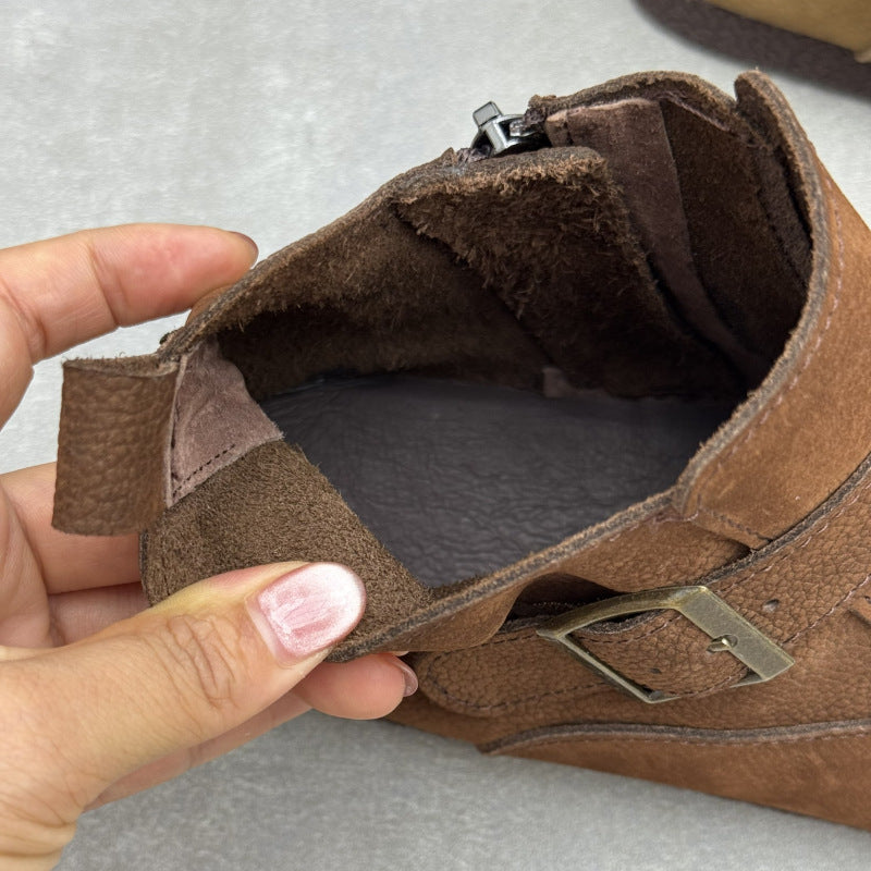 Women's Vintage Top-Grain Leather Ankle Boots Slip On Buckle Strap Flat Booties