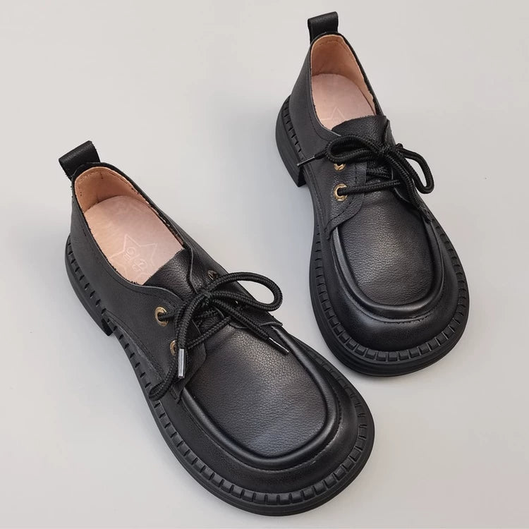 Women's Wide Toe Box Genuine Leather Oxfords British Style Lace Up Derby Shoes