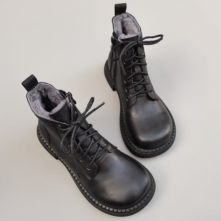 Women's Vintage Wide Toe Leather Shearling Boots – Cozy Winter Ankle Style