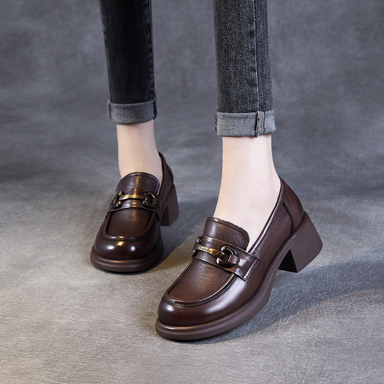 Women's Genuine Leather Loafers – Mid Heel Slip-On Shoes with Metal Accent