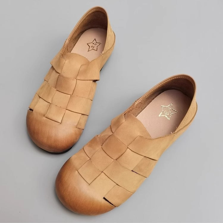 Women's Handmade Leather Round Toe Braided Breathable Flat Shoes