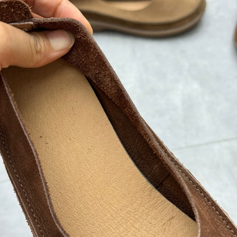 Women’s Minimalist Handmade Leather Slip-On Flats – Round Toe Casual Shoes