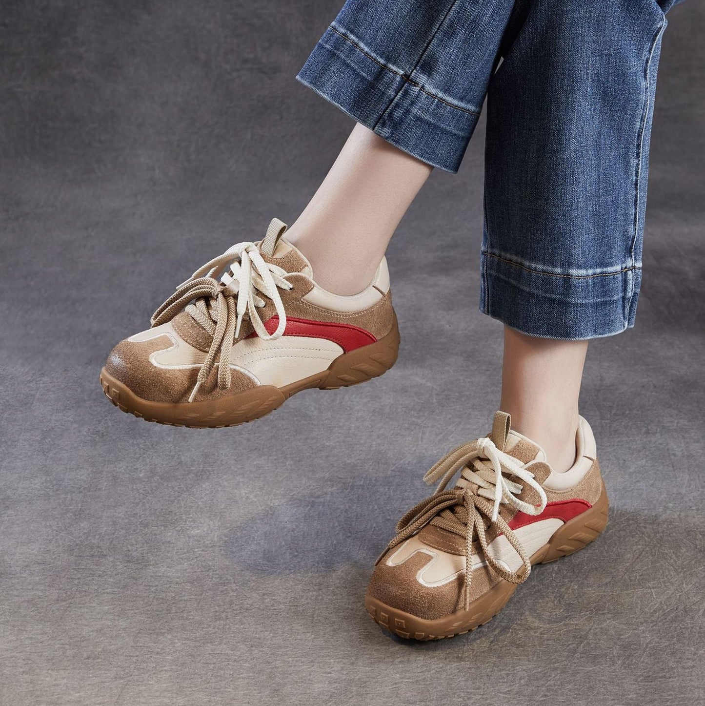 Women’s Leather Patchwork Trainers – Lightweight Spring Lace-Up Casual Shoes
