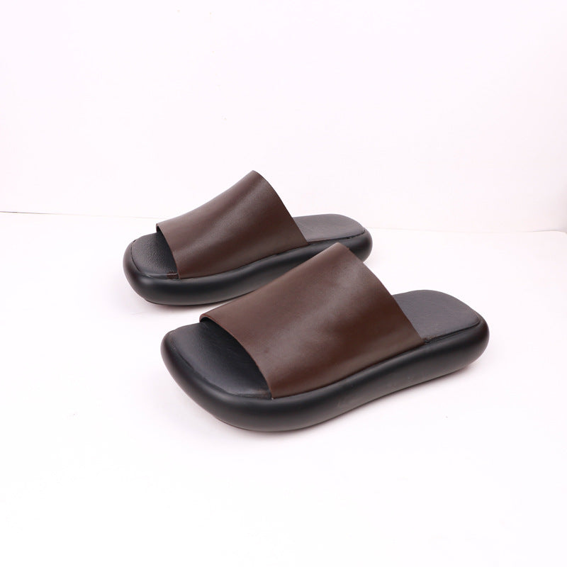 Vintage Italian-Style Leather Mules - Artistic Round Toe Slip-on Summer Shoes for Women