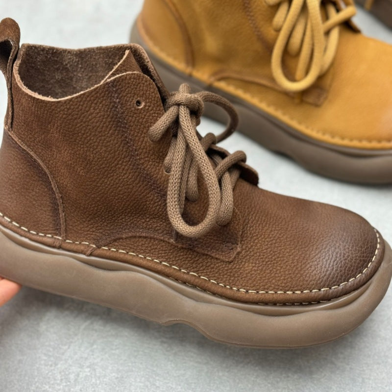 Retro Style Women's Soft Leather Ankle Boots – Platform Lace-Up Short Boots