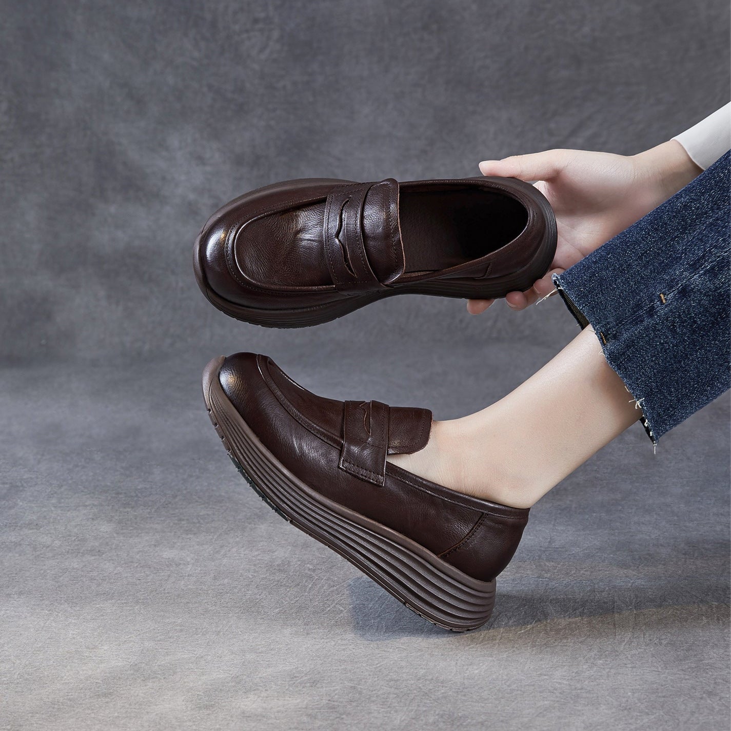 Women’s Leather Slip-On Loafers – Vintage Low Wedge Comfort Shoes