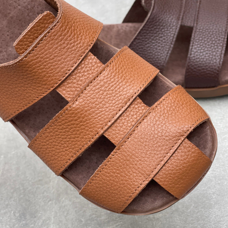 Artisanal Woven Leather Summer Slides - Minimalist Round Toe Cowhide Mules - Breathable Flat Footwear