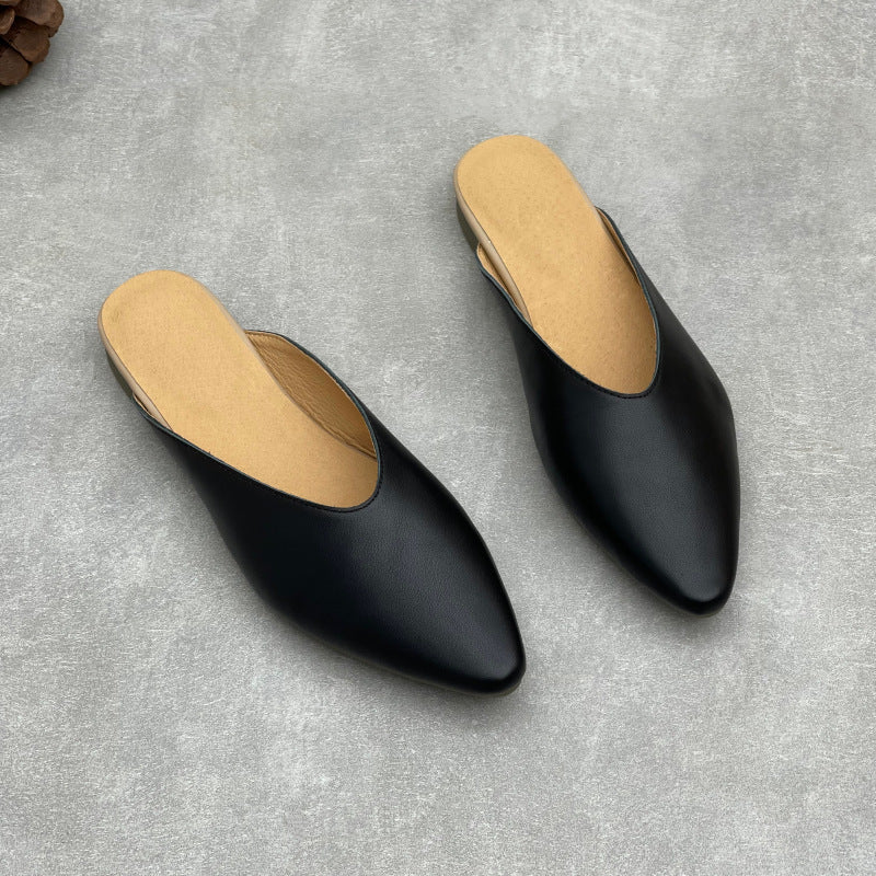 Women's Pointed Toe Leather V-Cut Mules - Unlined Minimalist Flat Slides