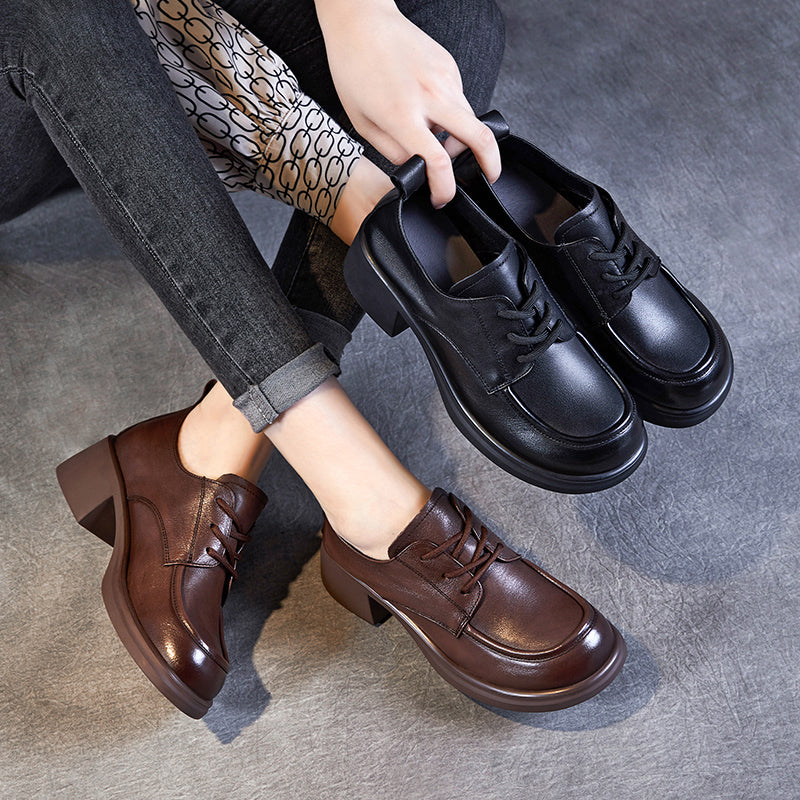 Women's Leather Comfortable Low Heel Block Oxford Shoes