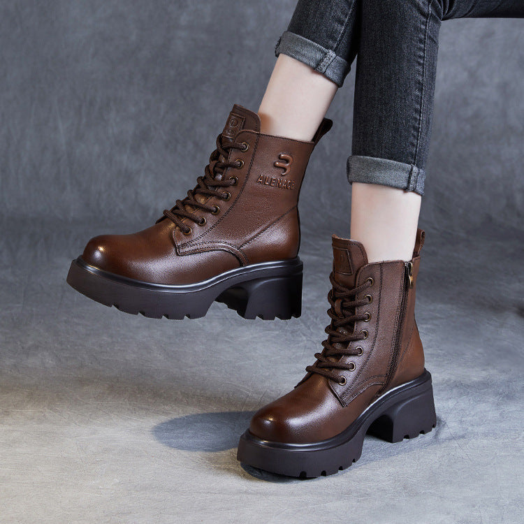 Women's Genuine Leather Lightweight Ankle Boots – Platform Chunky Heel