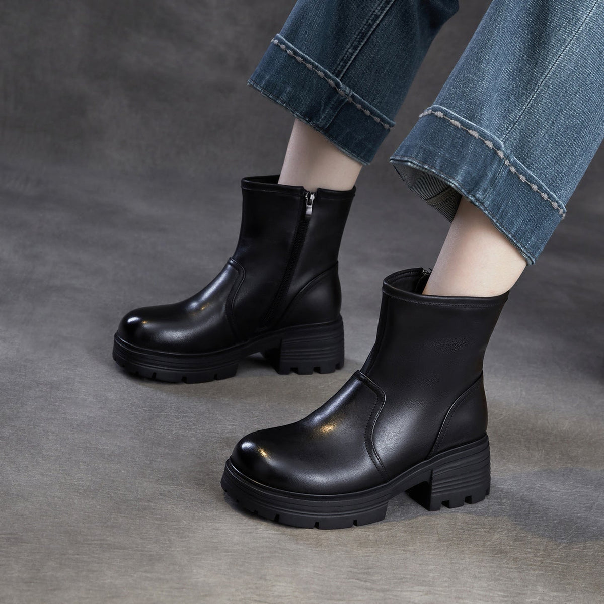 Women's Top-Grain Leather Ankle Boots Chunky Platform Block Heel Side Zipper Booties