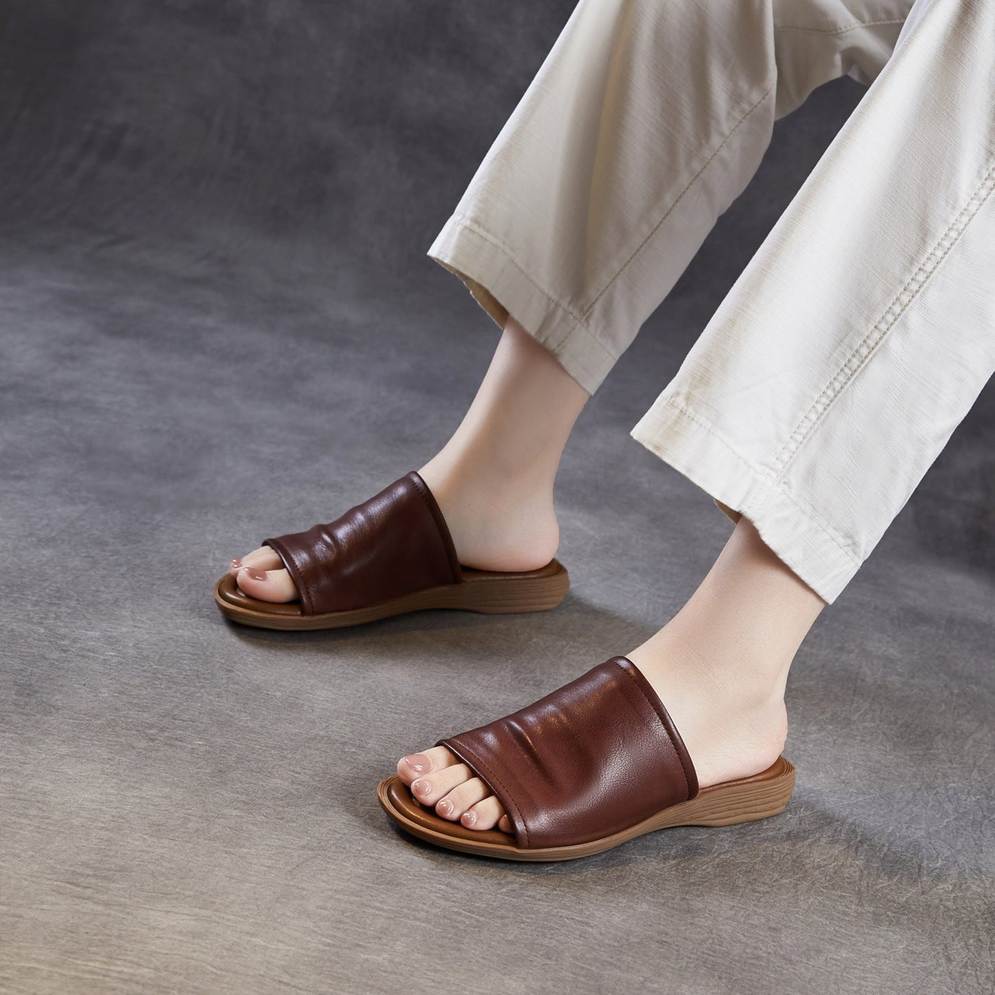 Women's Open Toe Leather Ruched Mules - Zen Style Cowhide Summer Slides