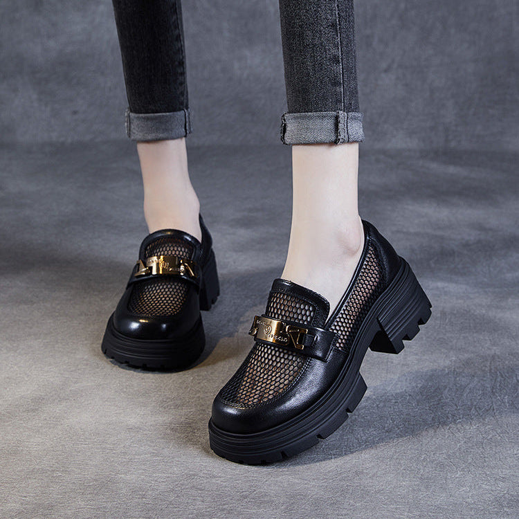 Women's Leather & Mesh Loafers Platform Lug Sole Breathable Hybrid Shoes