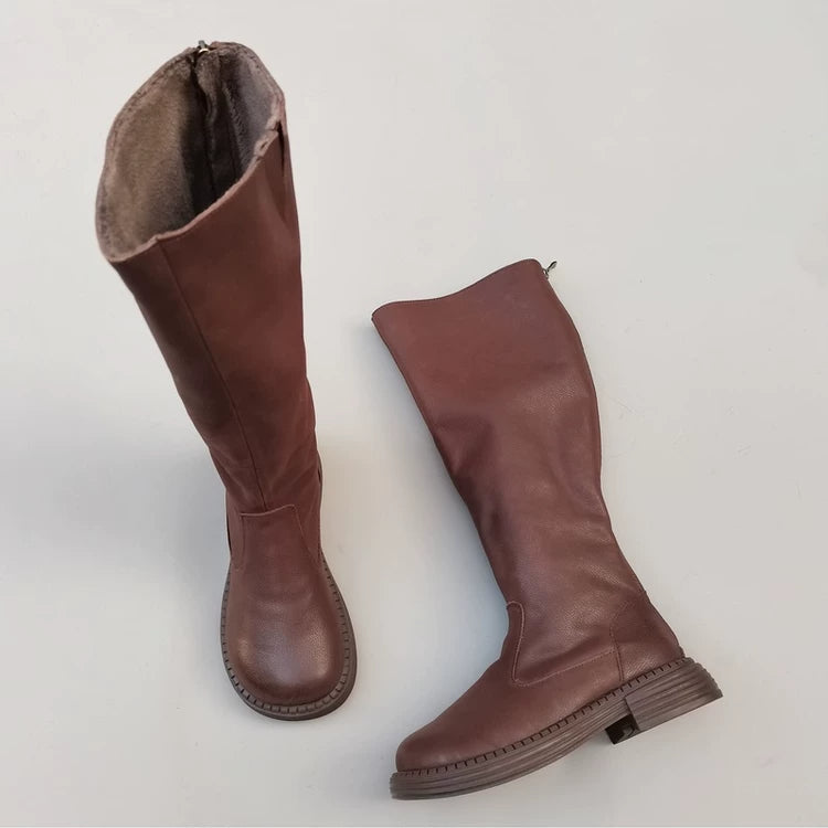 Women's Winter Fleece-lined Wide Toe Box Genuine Leather Knee High Boots British Style Riding Boots
