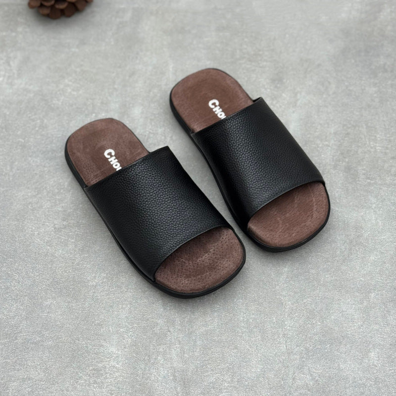 Women's Minimalist Pebbled Leather Mules - Luxury Raw-Cut Summer Slides