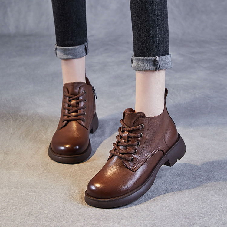 Women's Genuine Leather Casual Ankle Boots – Round Toe with Side Zipper