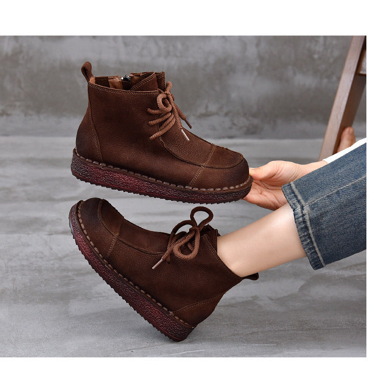 Women's Vintage Leather Ankle Boots – Soft Flat Lace-Up Zipper Short Shoes