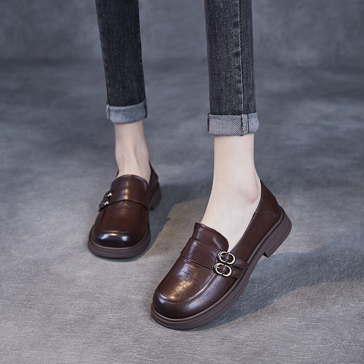 Women’s Leather Slip-On Loafers – Vintage British Low Heel