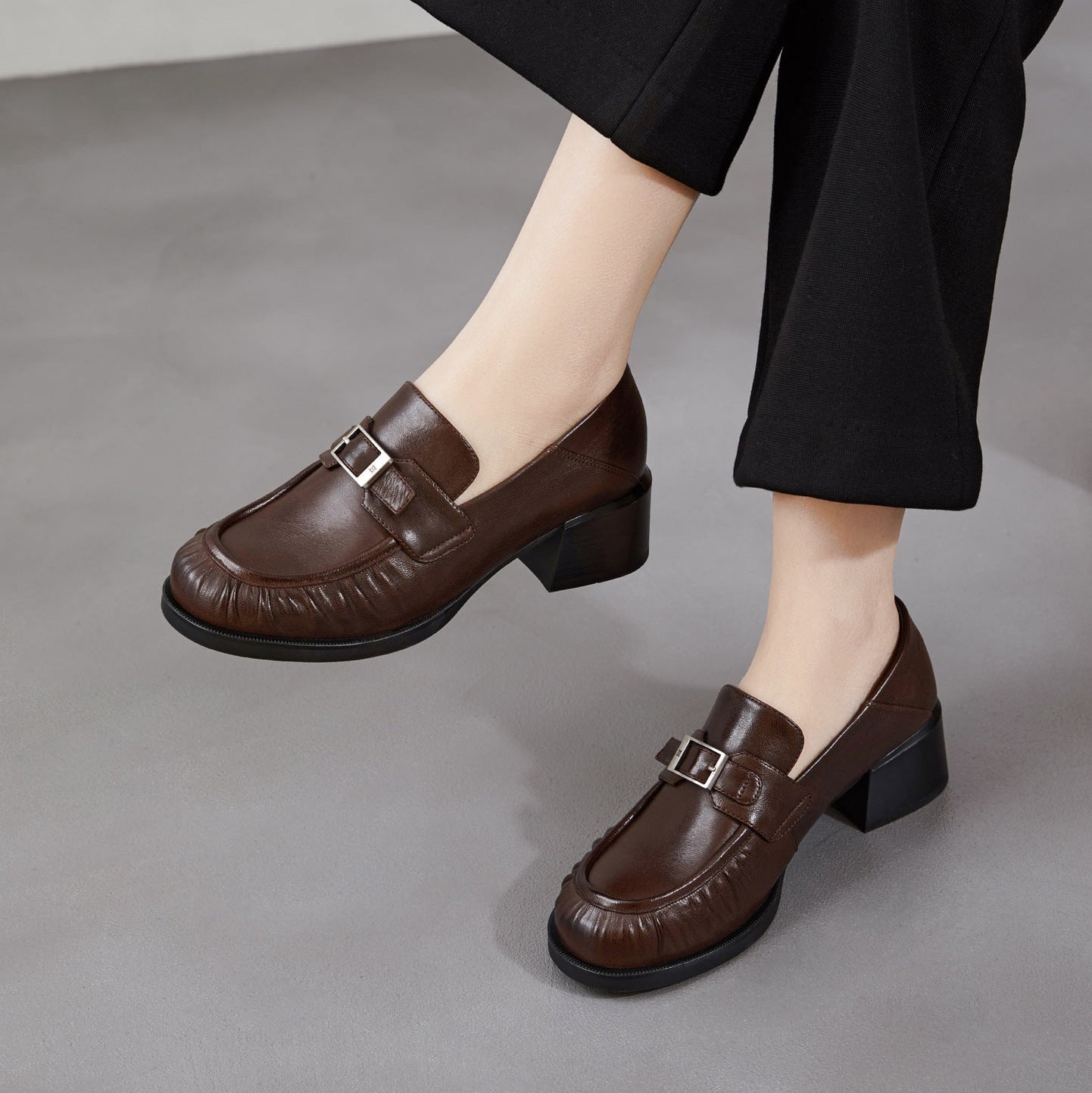 Women's Sheepskin Loafers - Ruched Leather Buckle Block Heel