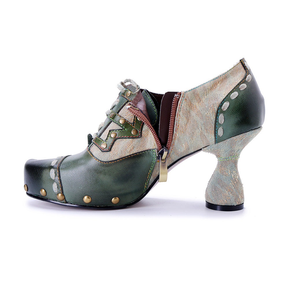 Vintage Inspired Leather Heeled Oxfords for Women - Studded Pointed Toe Lace-up Shoes