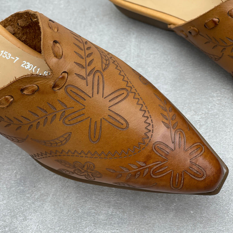 Women's Embossed Leather Mules – Vintage Bohemian Pointed-Toe Floral Slides