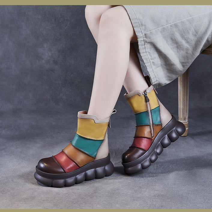 Women's Rainbow Avant-Garde Color-Block Platform Boots Leather Zipper Closure