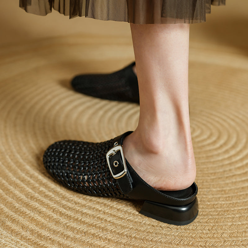 Women's Hollow Out Leather Low Heel Buckle Summer Mule Sandals