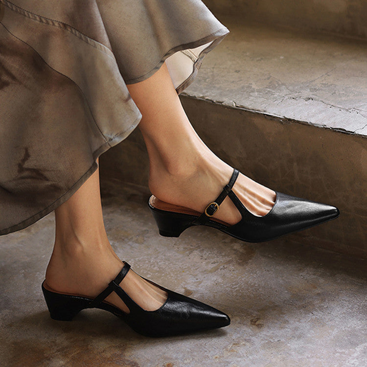 Women's Sheepskin T-Strap Mules - Pointed Toe Mid Block Heel Pumps-