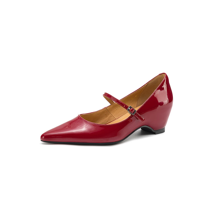 Handmade Patent Leather Mary Janes - Women's Pointed Toe Block Heel Pumps