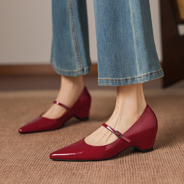 Handmade Patent Leather Mary Janes - Women's Pointed Toe Block Heel Pumps
