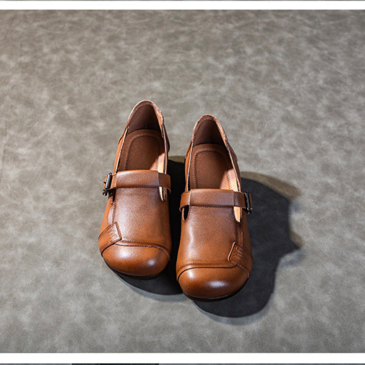 Women's Leather Casual Buckle Up Slip On Low Heeled Loafers