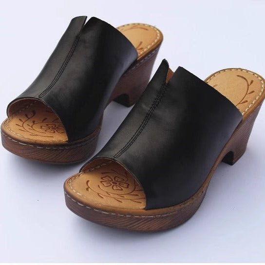Women's Vintage Platform Block Heel Open Toe Mule Sandals