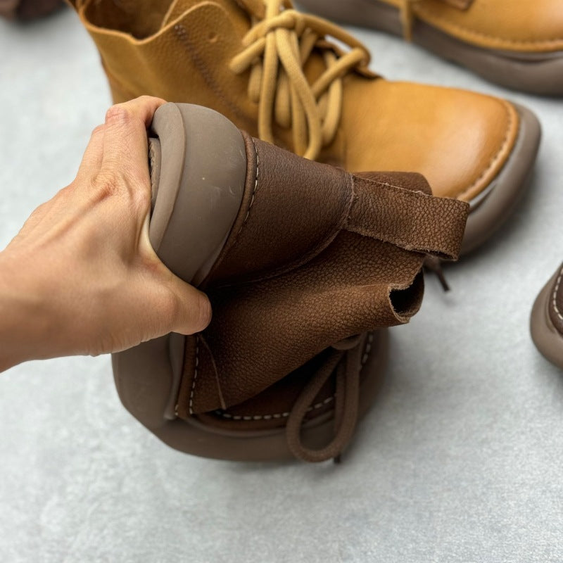 Retro Style Women's Soft Leather Ankle Boots – Platform Lace-Up Short Boots